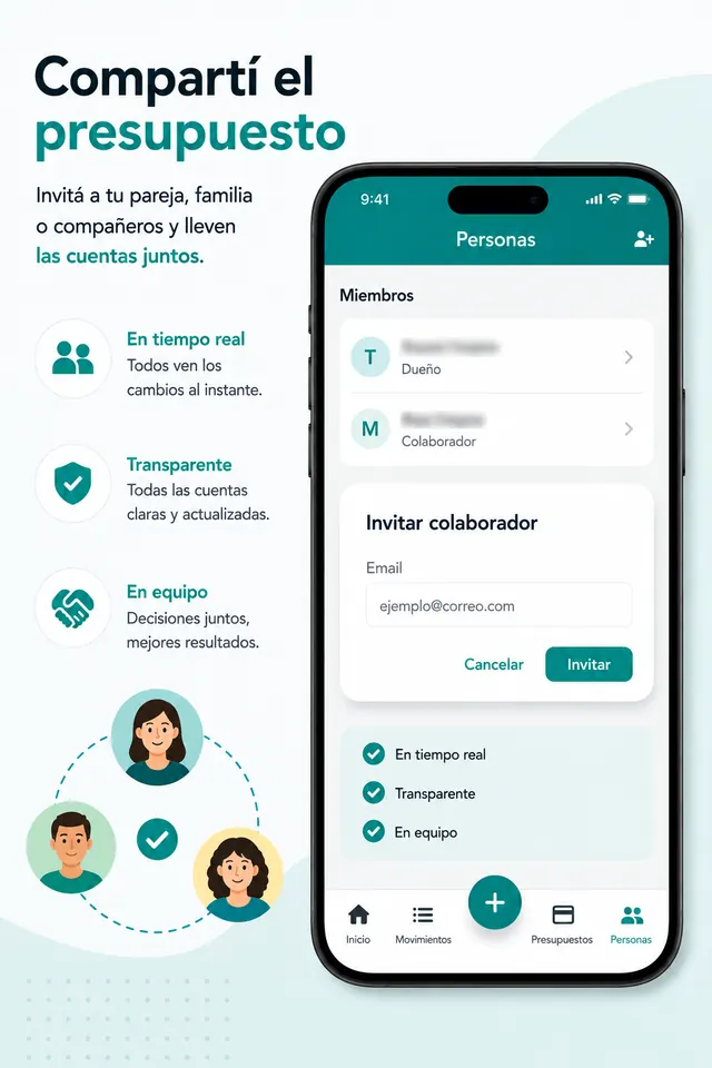 Pantalla para invitar a un colaborador y compartir el presupuesto