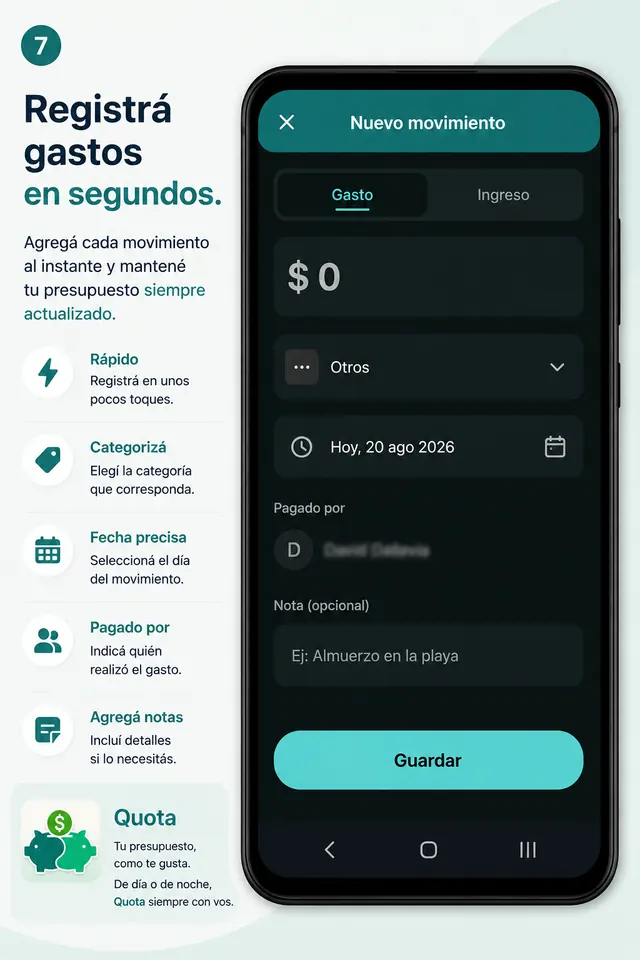 Formulario para registrar un gasto o ingreso en segundos